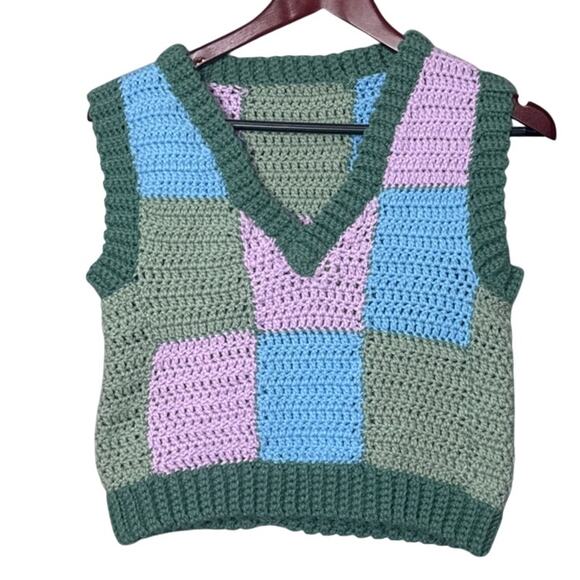 Handmade Knitted Sweater Vest Patchwork Block Cottagecore Eclectic Grandma OS - Picture 1 of 5